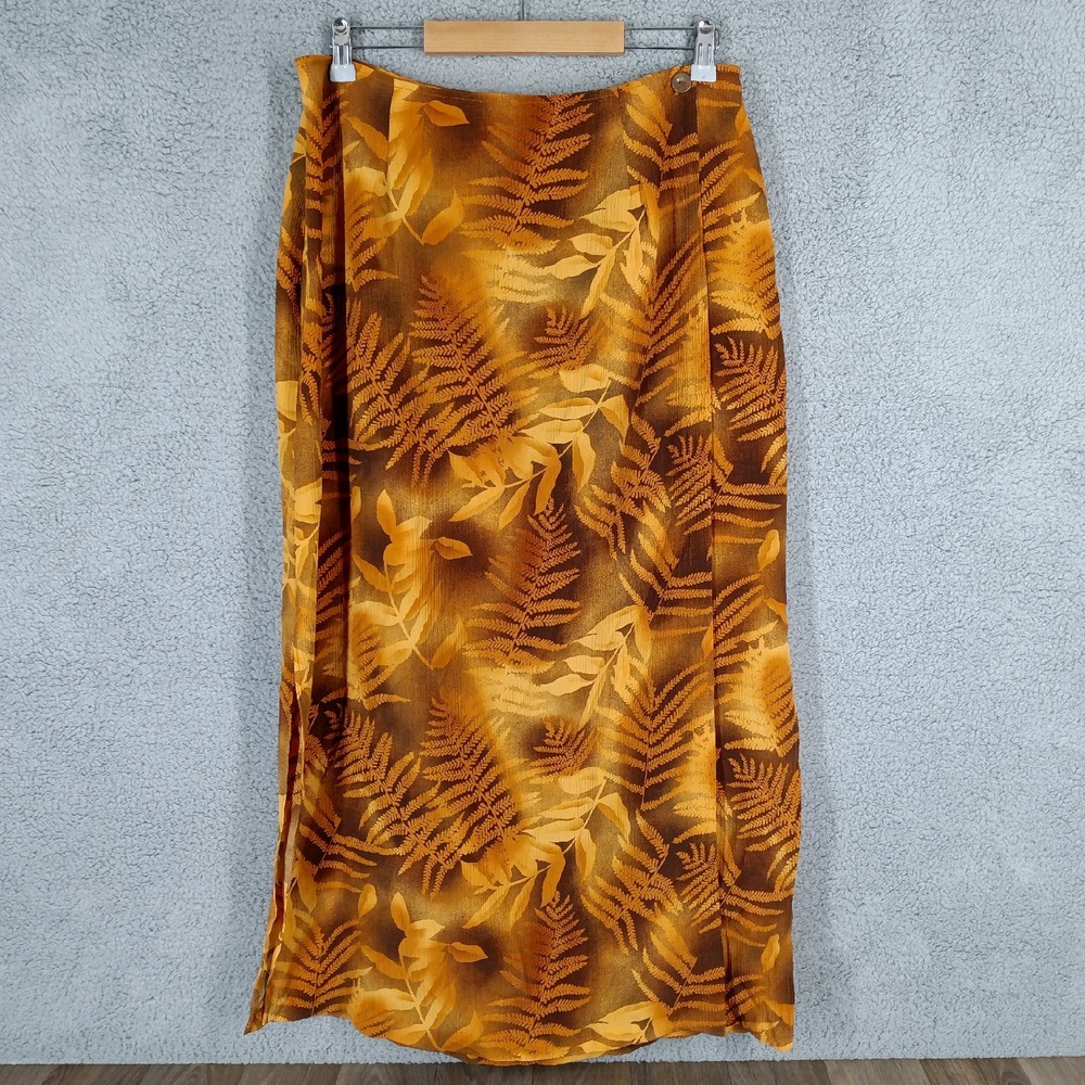 Ashley Stewart Vintage Women's 14 Maxi Skirt Brown Orange‎ Fern Print High Waist